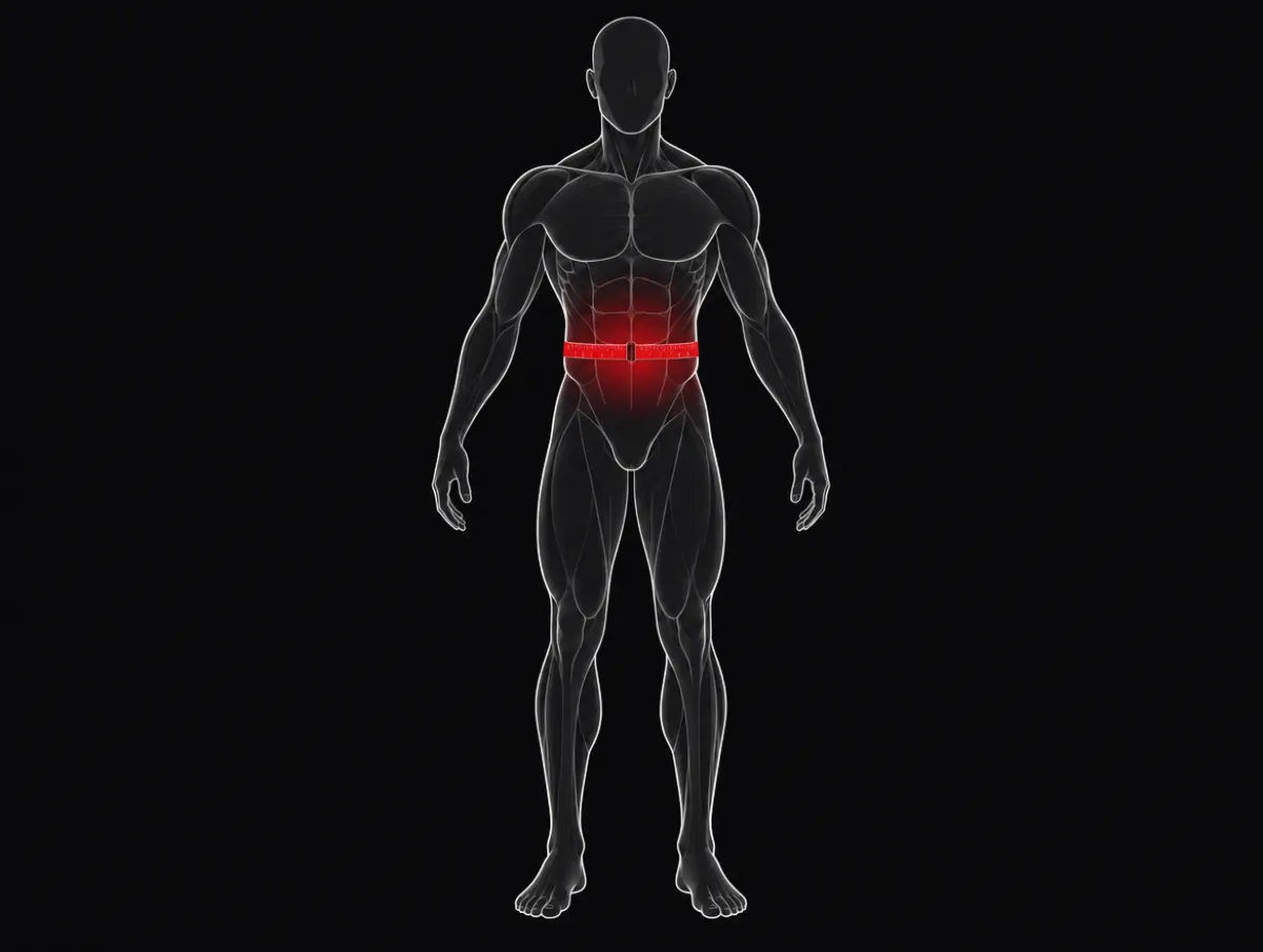 Tape measure wrapped level around the waist at the belly button